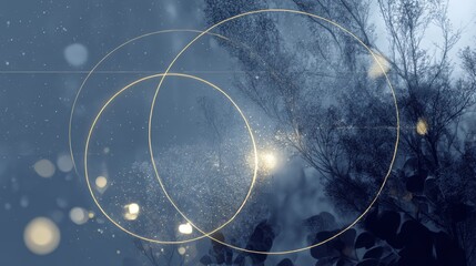 Fototapeta premium Enigmatic Forest Glow: Golden Circles Overlaying Misty Woodland — Mystical Nature Composition