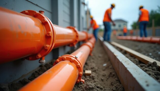 Workers install large orange pipes underground for a new house plumbing. Construction site shows progress on infrastructure for modern living. Building services sanitation system.