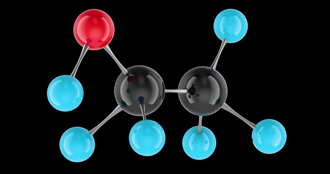 Ethanol molecule model C2H5OH rotation animation seamlessly loopable. 3D rendering isolated on transparent background
