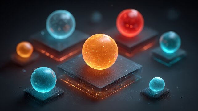 Futuristic Spheres on Holographic Platforms: Vibrant Orbs with Neural Network Patterns &mdash; Sci-Fi Visualization