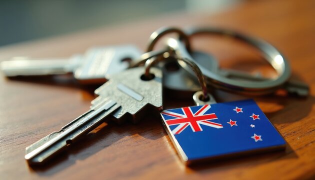 Metal house keys with New Zealand flag keychain sit on wood surface. Daylight illuminates home access and security objects. New Zealand property ownership concept.