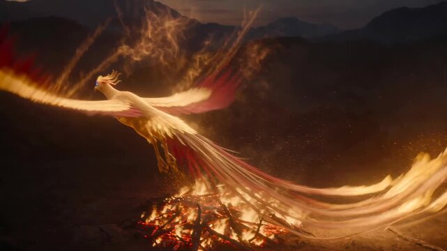 Legendary phoenix rising from fire. Mythical firebird emerging from flames with glowing wings. Powerful creature taking flight over mountain