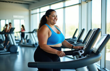 Fototapeta premium Happy overweight woman smiles while walking on treadmill in gym. Plus size girl enjoys cardio workout for weight loss, feeling good about fitness journey, active lifestyle choice.