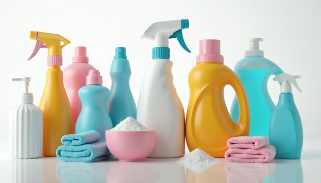 Collection of colorful cleaning product bottles and powders. Includes laundry detergent, sprays, and soaps. Also has folded towels and a bowl of white powder. Cleanliness and hygiene theme.