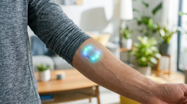 Close up of a man wearing a glowing smart medical patch monitoring his health on his arm