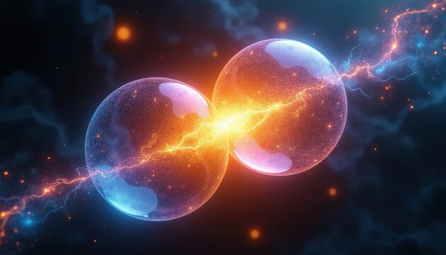 Two glowing orbs with contrasting colors collide creating bright energy sparks. Abstract particles float in dark space. Cosmic event shows powerful light burst.