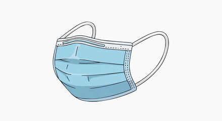 Fototapeta premium A blue surgical face mask icon in a minimalist line art style in white background.