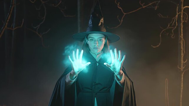 Woman wizard performing magical ritual in dark forest. Sorceress casting blue spell with glowing hands. Halloween character dressed in witch costume using sorcery for horror fantasy theme on night