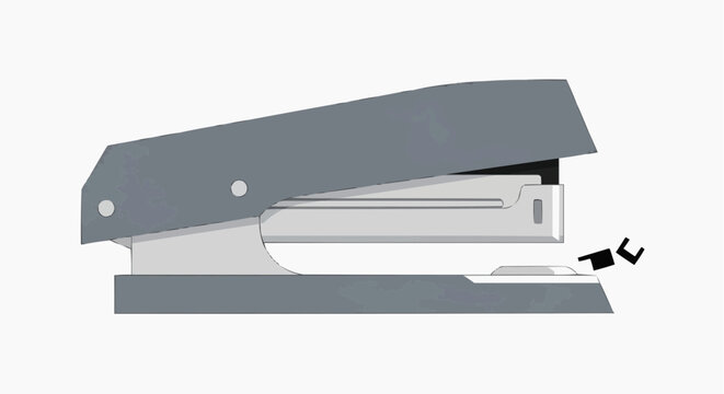 A vector graphic illustration of a gray metal stapler with a staple being ejected in white background.