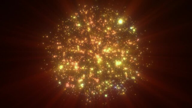 Abstract glowing cluster of golden particles and light sparks on a dark background