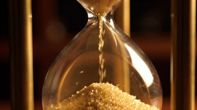 A close-up shot showcases an hourglass with golden sand steadily flowing, symbolizing the passage of time and its fleeting nature.