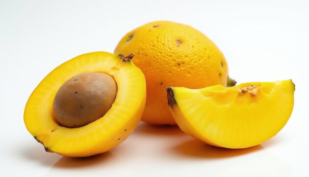 Whole and cut ripe yellow lucuma fruits. Exotic tropical fruit with smooth skin and big seed inside. Juicy bright pulp good for desserts. Healthy food.