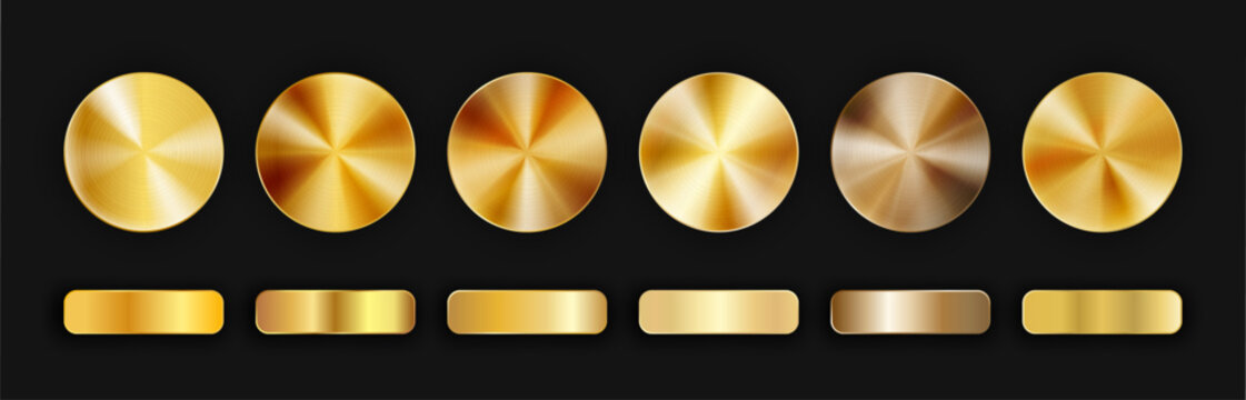 Radial realistic gradient gold metallic pack isolated on black background with shadows. Golden chrome circle and rectangle button or award medal set. Vector illustration