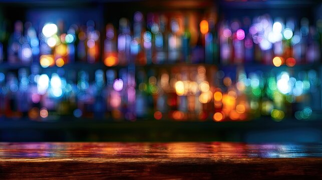 Blurred colorful bottles illuminated behind a polished wooden bar counter
