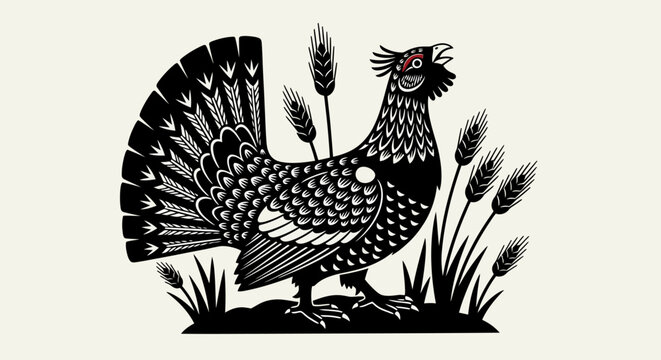 Black and white grouse bird illustration, wildlife vector graphic, animal silhouette, decorative fowl design element