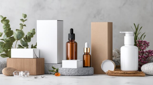 Natural skincare bottles and packaging arranged on stone slab with eucalyptus sprigs, amber glass droppers and white pump bottle, kraft box and round soap, soft neutral background, minimal spa mood,