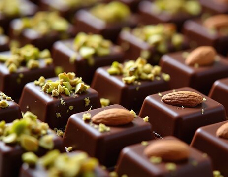 Rows of square milk chocolates toped with pistachios and almonds. Choc treats neatly arranged in close up view. Delicious nutty confections set for fancy dessert.