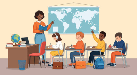 Fototapeta premium Classroom, education, school, learning, vector illustration, kids, students, teacher, desk, geography, world map