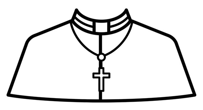 Catholic priest clothing, clergy shirt, christian cross, black line art, vector icon