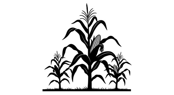 Black corn plants, corn stalk silhouette, vector illustration, agriculture icons, farm symbols, black and white graphics