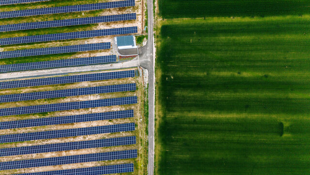 Aerial view of rows of solar panels in a photovoltaic power station adjacent to a lush green agricultural field separated by a rural road Sabac, Vojvodina, Serbia.