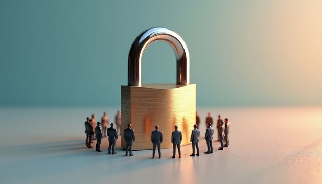 Small business people stand in circle around big golden padlock. Teamwork and corporate security concept. Protection against crime and data theft.