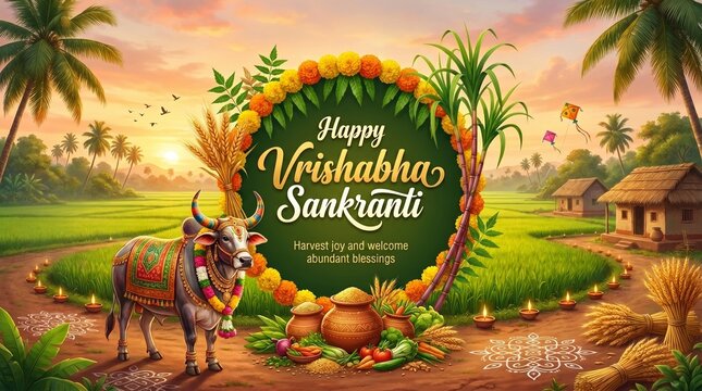 Vrishabha Sankranti Village Celebration Illustration