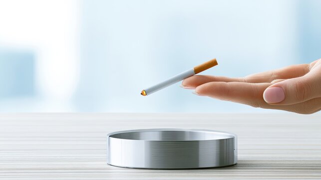 A person's hand gently holds a lit cigarette over an ashtray