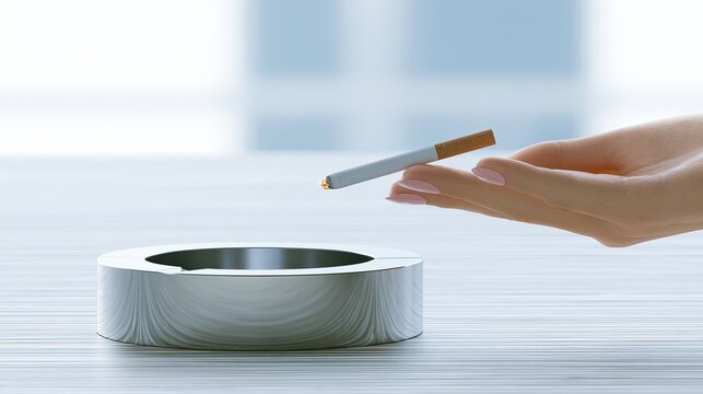 Elegant hand holds lit cigarette over metal ashtray, soft background