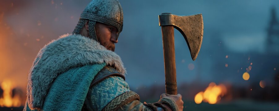 A fierce warrior clad in detailed armor stands resolute against a burning battlefield. Warm firelight and cool smoky skies highlight epic storytelling and heroic strength.