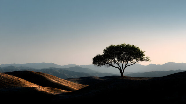 Minimal desert landscape with single tree silhouette under soft sky 