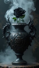 Fototapeta premium Ornate dark vase with dragon handles holds a black rose. Smoke swirls around the decorative gothic vessel creating a mysterious ambiance. Dramatic floral art.