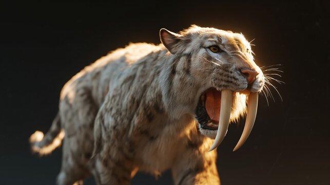 A ferocious sabertooth tiger roars, displaying its massive curved fangs and muscular striped body. Dramatic lighting highlights this prehistoric predator in action.