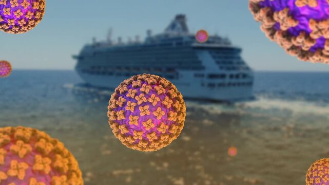 3D medical illustration of Hantavirus particles with blurred Cruise Ship background.