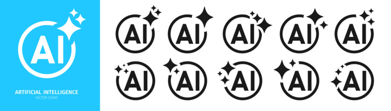 AI sparkle icon set. Artificial intelligence star symbols, magic glitter effects, starburst signs. Round frames symbols ai. Machine learning symbols UI UX and app tech design simple vector elements