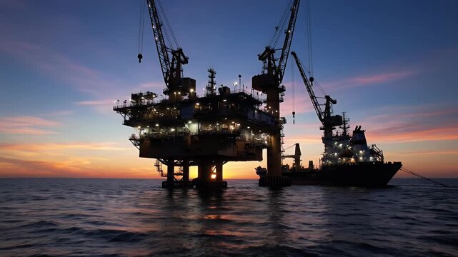 A silhouetted oil rig and supply ship are illuminated against a vibrant sunset over the open ocean, showcasing the scale of offshore industrial operations.