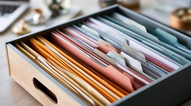Pastel file folders in shallow drawer, neatly arranged by label, wooden box divider, soft focus office backdrop, tidy desktop setup for small business bookkeeping and paper management tasks