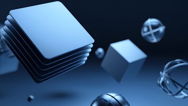 A sleek, modern abstract composition features stacked geometric shapes and reflective spheres in a cool, monochromatic blue palette, evoking a sense of technological innovation and minimalist design.
