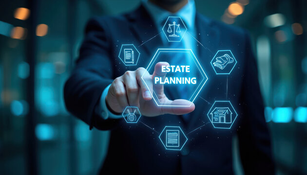 Man touches digital estate planning interface. Icons show legal documents, home, scales of justice, wealth, and family protection. Future financial security concept.