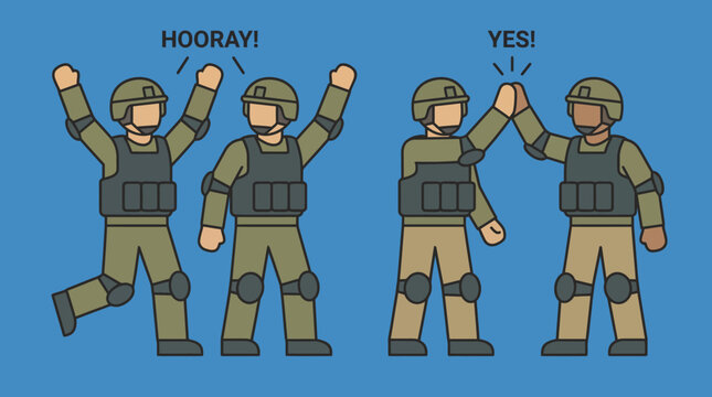 Cartoon soldiers celebrating with excitement.