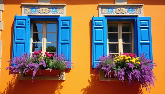 Two bright windows on orange wall with blue shutters. Colorful flowers in window boxes create a cheerful facade. Mediterranean style building detail evokes summer charm.
