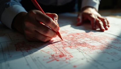 Obraz premium Hands use red pencil to revise architectural blueprints. Professional architects work on building plans and site layouts making changes. Planning project development for construction.