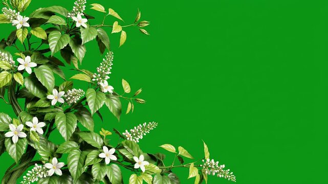 A vibrant green background features a gracefully curving vine with delicate leaves adorning its branches, creating a natural and refreshing visual element.