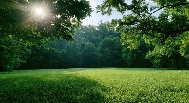 Serene sunbeams pierce through lush green trees onto a dew-kissed meadow