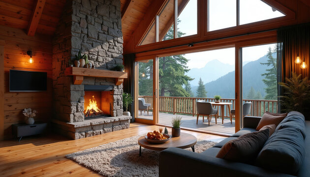 Cozy mountain cabin living room features stone fireplace with roaring fire. Large windows show scenic forest and hills. Comfortable sofa awaits.
