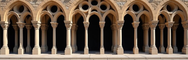 Fototapeta premium Rows of ornate stone columns, arches create repeating pattern. Ancient architecture features detailed carvings on column capitals. Building facade geometric window openings. Timeless structure.