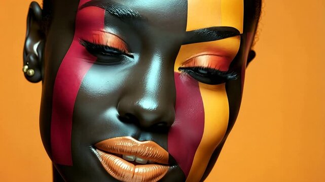 A model showcases unique makeup designs featuring bold colors. The bright orange background adds to the lively display. Each look highlights creativity and artistry in makeup.