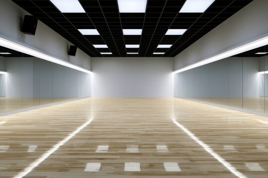 Bright, empty studio with mirrored walls, polished wood floor, and modern ceiling lights