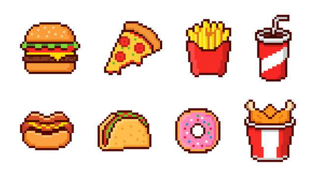 Pixel Fast Food Icons Retro 8 Bit Burger Pizza Fries Soda Donut Taco Fried Chicken Arcade Game Style Vector Set