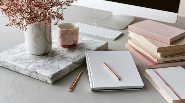 Marble desk flatlay with notebook rose gold pen, stacked books, dried flowers, soft pastel tones, sunlit corner, cozy minimal workspace for freelance writer planning editorial calendar, organized